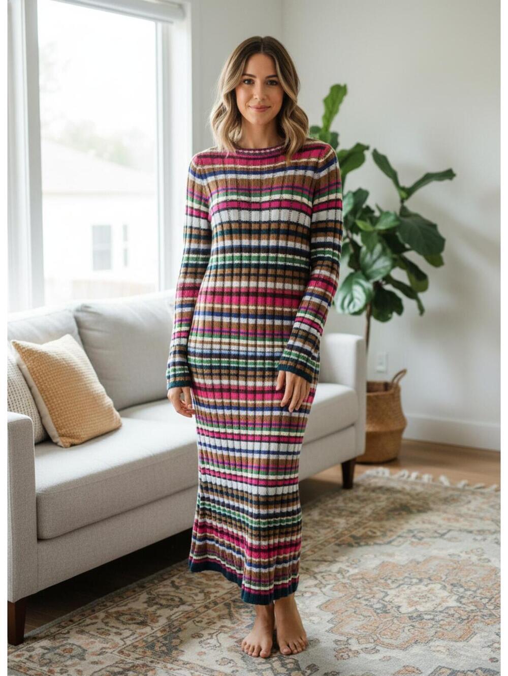Eleven Six Cozy Alpaca/Baby Alpaca Blend Caroline Striped  Knit Dress M